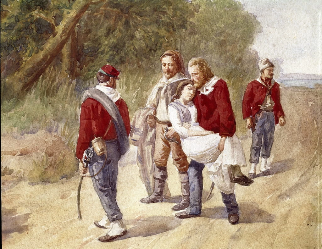 Il patriota italiano Giuseppe Garibaldi trasporta la moglie Anita malata di tifo a Ravenna nel 1849 - Museo Centrale del Risorgimento, Roma